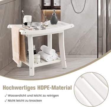 Двомісна душова лавка COSTWAY з полицею, 170 кг, біла. Душовий стільчик для дорослих та літніх людей, 60,5 x 34 x 48 см