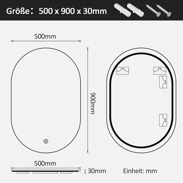 Дзеркало для ванної кімнати Boromal з підсвічуванням 80x60 см, 3 кольори світла, регулювання яскравості, LED, сенсорне керування