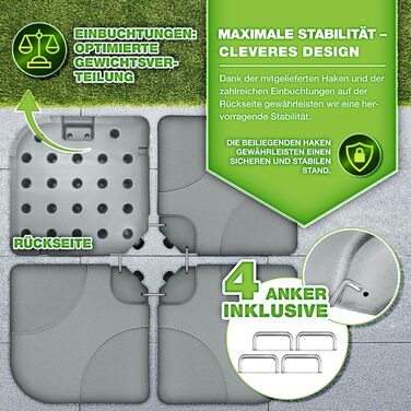 Підставка для парасольки Tillvex® 60 літрів / 80 кг – 4 частини для парасольки-маркетки з металевим з'єднувачем | Заповнюється водою або піском | Погоджуємий стійкий підставник для парасольки-маркетки (Сірий)