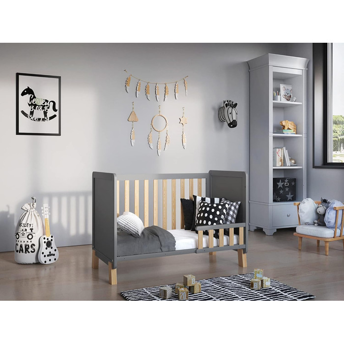 Дитяче ліжко-приліжкове Love For Sleep 120x60 з матрацом з піною Aloe Vera сірого кольору, дуб Francis. Ліжко для новонароджених, збірна конструкція, збірка за 5 хвилин.