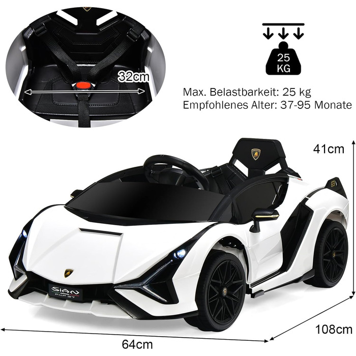 Електромобіль для дітей DREAMADE Lamborghini 12V з дистанційним керуванням, ременем безпеки, підсвіткою, музикою та сигналом, білий, для дітей від 3 років