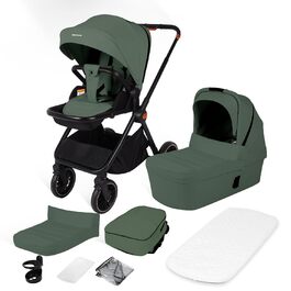 Дитяча коляска 2-в-1 BabyVoyage – комбінована коляска з люлькою та прогулянковим блоком, поворотні колеса 360°, амортизація, регульована ручка, складна конструкція, аксесуари, колір зелений