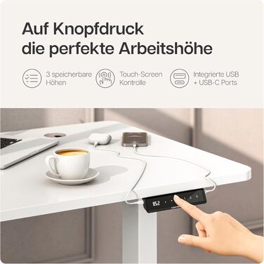 Регульований стіл Desktronic з підйомним механізмом - електричний, з сенсорним керуванням, білий. Висока вантажопідйомність.