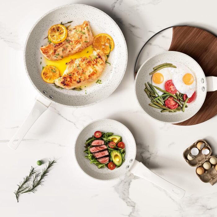 Набір сковорідок Innerwell 3 шт. (20, 24, 28 см) з керамічним покриттям, індукційні, для професійного використання, сумісні з духовкою, без PFOA, придатні для миття в посудомийній машині (білі)