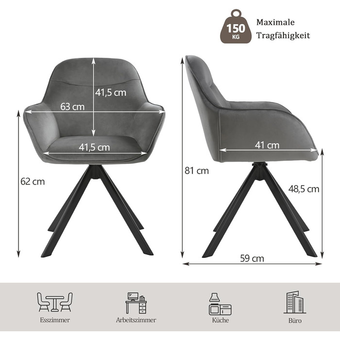 Набір з 6 обертових кухонних стільців з підлокітниками, м'який стілець з велюру, для вітальні та їдальні, темно-сірий