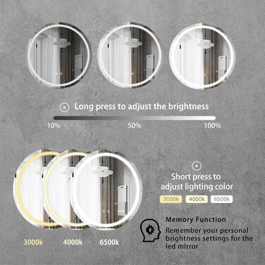 LED дзеркало для ванної кімнати 60x80 см з підсвічуванням, 3 кольори, регулювання яскравості, протитуманне покриття, сенсорне управління