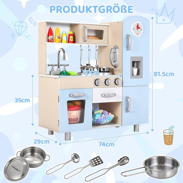 Дерев'яна дитяча кухня Mamizо з аксесуарами, 81x74x30 см, з підсвіткою та звуком, для дітей від 3 років, біло-блакитна