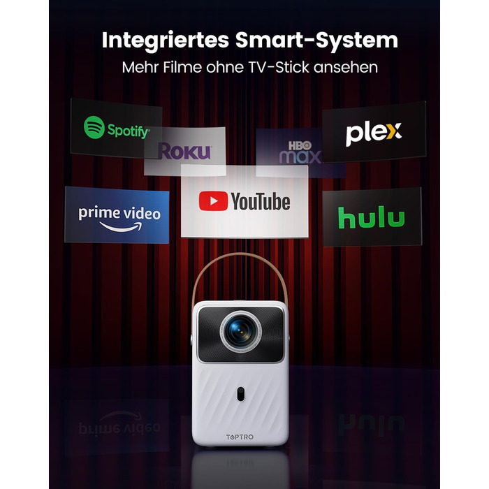 Проектор Toptro Mini Beamer: 1080P Full HD, Android TV, WiFi, Bluetooth, 300 ANSI, Зовнішній, Компактний, з Електричним Фокусом