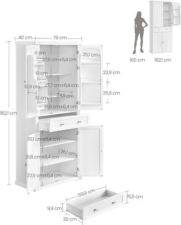 Шафа кухонна VASAGLE, висока, буфет-вітрина, з регульованими полицями, з ящиками, для кухні/вітальні, 40 x 76 x 182,1 см, білий BBC561W21