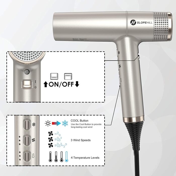 Фен для волосся Slopehill з безщітковим двигуном, Oxy Active Technology, LED-дисплеєм, 2000 Вт, колір Champagne Gold