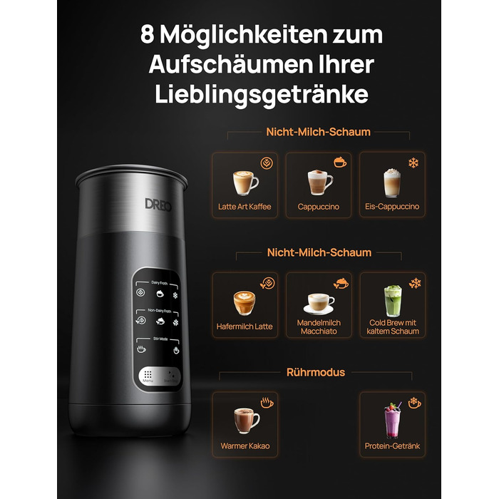 Електричний спінювач молока Dreo 8-в-1 для лате-арту, 270 мл, з підігрівом, LED, чорний