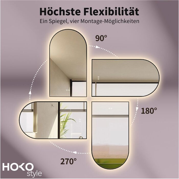 Дзеркало для ванної кімнати LED HOKO Design Turin, овальне, 45x75 см, матовий чорний каркас, сенсорне керування, світлодіодне підсвічування, зміна кольору світла (тепле/холодне/нейтральне), антизапарювання