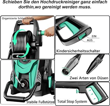 Високотискний мийник 180 Bar, 6-в-1 насадка, продуктивність 420л/год, площа прибирання 50м²/год, економний, з піночистою та барабаном для шлангу, для автомобілів та під'їздів (Блакитний)