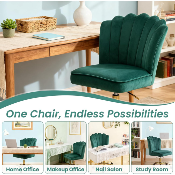 Крісло для офісу Fiximaster Homeoffice, крісло для робочого столу, обертове, регульоване по висоті, з м'якою оббивкою з велюру, золоті ніжки, для робочого кабінету, спальні, до 135 кг, зелене