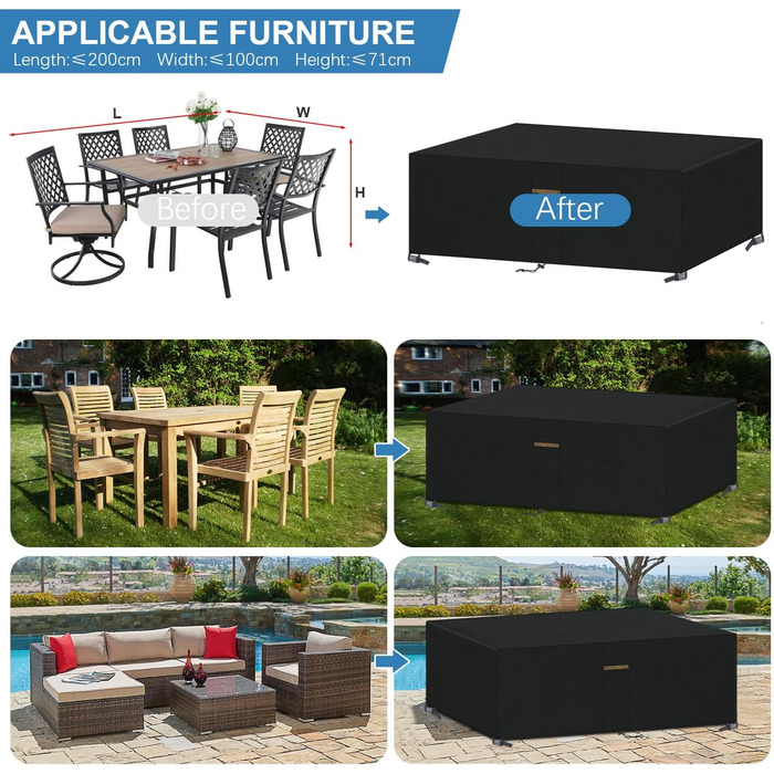 Водонепроникний чохол для садово-патіо меблів VANSHEIM, 60x60x60 см / 200x100x71 см, захисна накривка для столу та групи, з вентиляційними отворами, вітростійкий