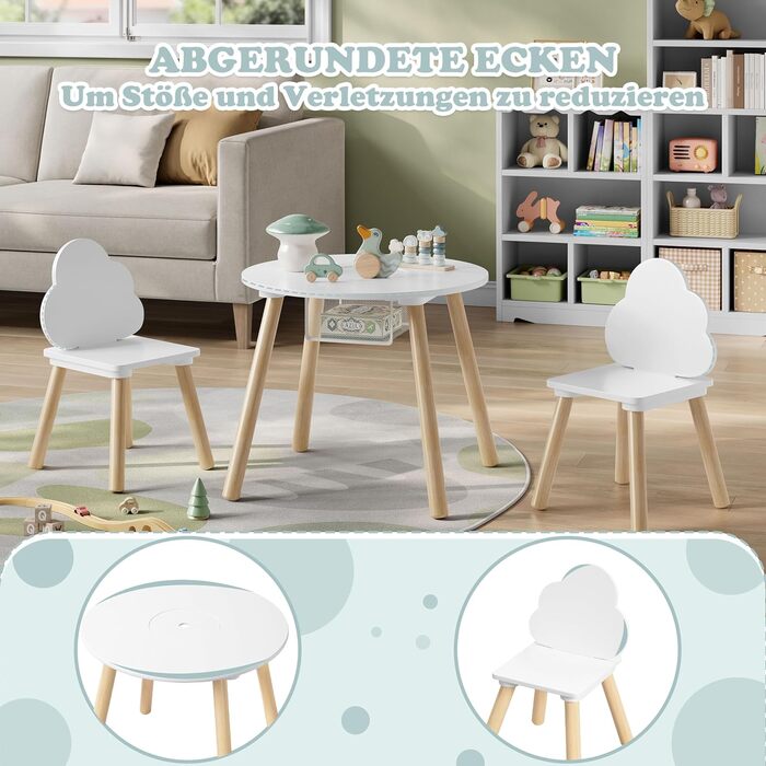 Дитячий столик та 2 стільчики WOLTU, дитячий набір меблів з місцем для зберігання (сітка), стільчик з хмарною спинкою для малюків та дошкільнят, круглий стіл