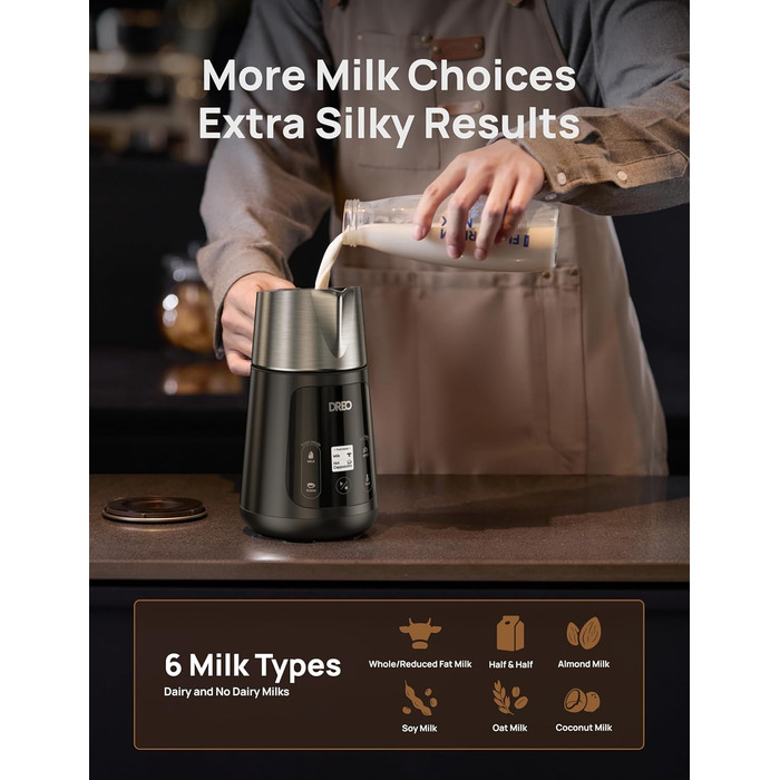 Dreo автоматичний спінювач молока All-in-1: для лате-арту, гарячих/холодних напоїв, 800 мл, електричний, миється в посудомийній машині (сріблястий, чорний)