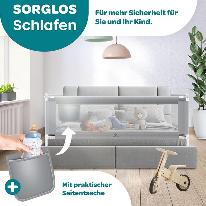 Захисний бортик для ліжка KESSER 200 см, сірий. Бортик для дитячого ліжка, захист від випадання, складаний та регульований по висоті, сітка Mesh, з кишенею