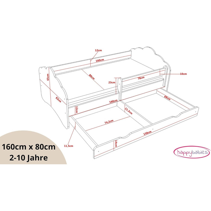 Дитяче ліжечко Happy Babies MOBI 160 x 80 Дитяче ліжко із захистом від падіння та ящиком для зберігання Молодіжне ліжко з кольоровою наклейкою Дитяче ліжечко з матрацом 80x160 Дитяче ліжко для дівчинки хлопчиків Дуб сонома (М15)