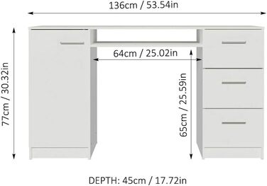 Письмовий стіл Madesa, комп'ютерний стіл з 3 висувними ящиками та 1 дверцятами, 136 x 45 x 77 см, виготовлений з дерева - (Білий, 77 В x 45 Г x 136 Д см)