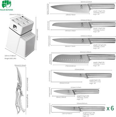 Набір кухонних ножів Fullhi 14 предметів з бруском для заточування, набір кухонних ножів з блоком, преміум якість (срібляста сталь)