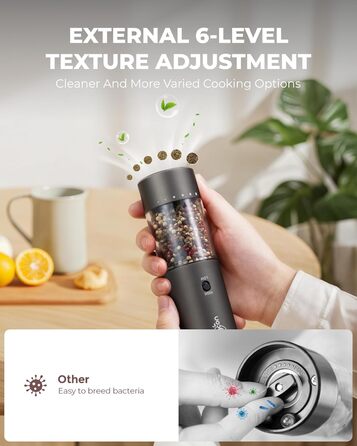 Електричні млини для солі та перцю Sangcon, 2 швидкості, перезаряджувані, 6 ступенів помелу, автоматичний набір з док-станцією, для зручного використання, сірий + чорний