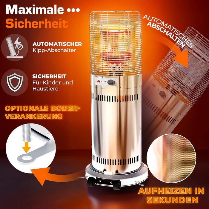 Газовий обігрівач TRESKO® 11 кВт на колесах | Обігрівач для тераси, балкона та саду | Газовий нагрівач-гриб з шлангом та регулятором (сріблястий)