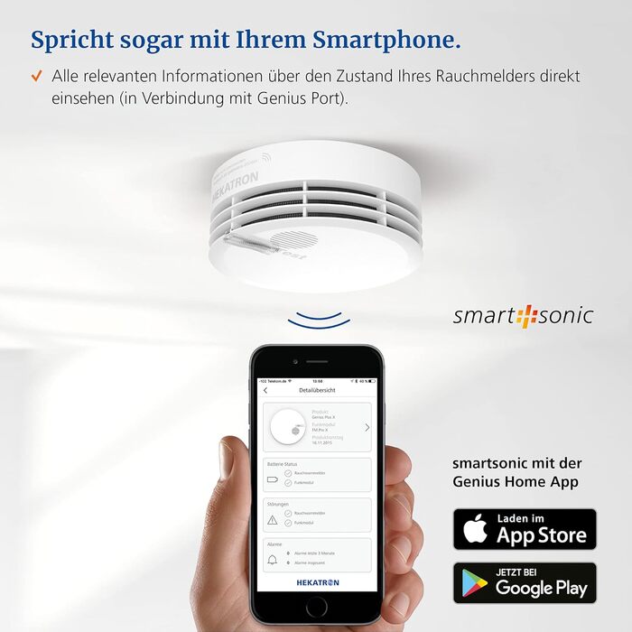Датчик диму Hekatron Genius Plus з батареєю на 10 років – Тест-переможець Stiftung Warentest – Зроблено в Німеччині – з клейкою підкладкою – з підтримкою додатку – 1 шт.