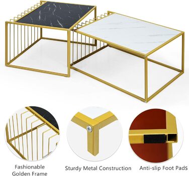 Набір гніздових столів LIFEZEAL з 2 шт. , журнальний столик з ефектом мармуру, журнальний столик із золотистою сталевою рамою, журнальний столик для вітальні та офісу