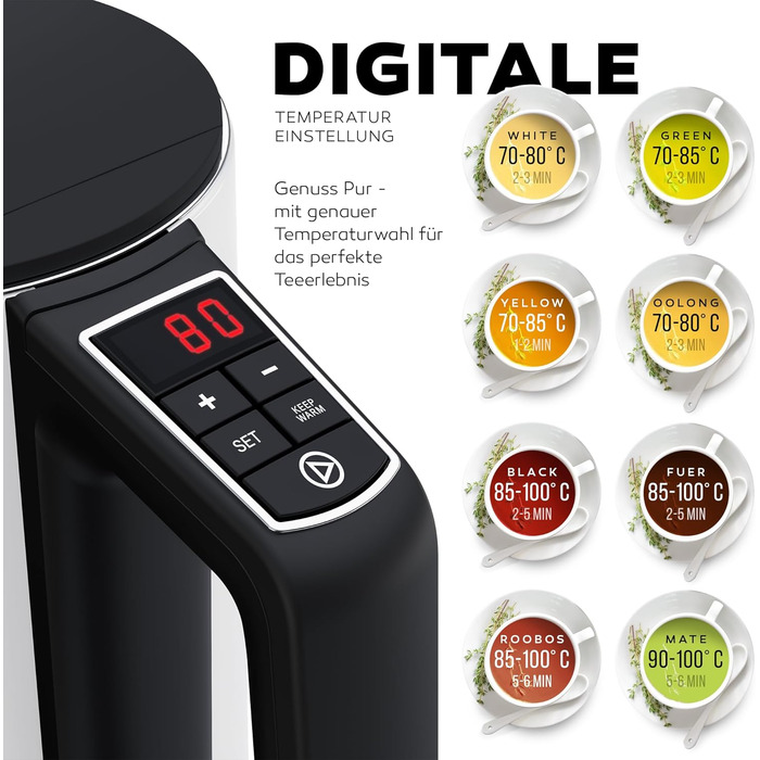 Електричний чайник BALTER з регулюванням температури, 40°C-100°C, подвійні стінки, без BPA, тихий та бездротовий, 1.5L, 2200W, білий