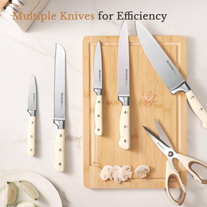 Набір ножів Astercook: 14 предметів у блоці, нержавіюча сталь, з точилкою, ергономічні, для кухні