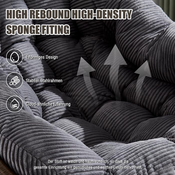 Крісло-гойдалка LIFEISLE з ротангу, для вітальні, балкону, саду, внутрішнє та зовнішнє використання, крісло-яйце, Cord White (тканина Cord, сірий)