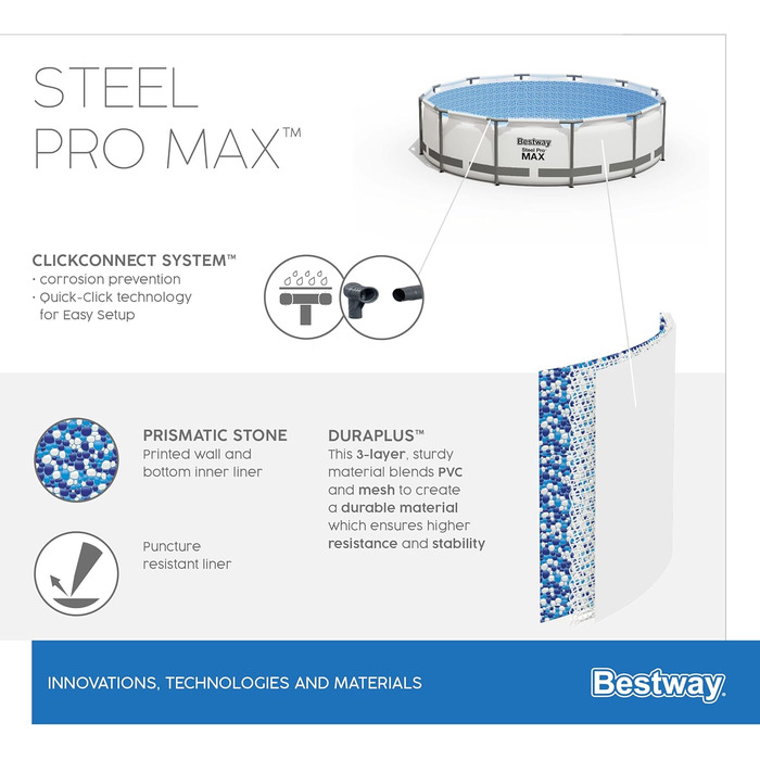 Каркасний басейн Bestway Steel Pro MAX Повний комплект з фільтруючим насосом Ø 427 x 107 см, світло-сірий, круглий