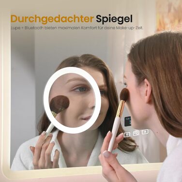 EMKE® LED дзеркало для ванної кімнати 80x60 см з підсвічуванням, регулюванням, антизапарюванням, 3 косметичні дзеркала, годинник, Bluetooth, IP44