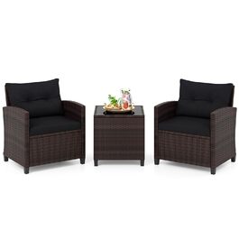 Садовий набір меблів COSTWAY з ротангу 3 предмети: 2 крісла, стіл зі скляною стільницею, подушки. Меблі для балкона та тераси на 2 особи, вуличні, коричнево-чорні