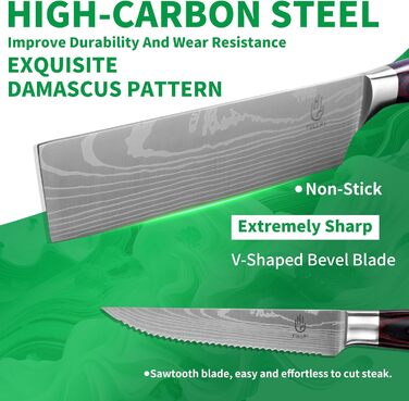 Набір кухонних ножів Fullhi 14 предметів з бруском для заточування: кухонні ножі, ножі для стейку, барвисті ручки. Ідеальний подарунок для чоловіків та жінок.