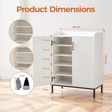 Шафа для взуття 5-ярусна в стилі ф armhouse з 2 дверцятами, самостійна шафа для взуття з регульованими полицями та металевими кутовими прикрасами для передпокою та коридору, білий, білий, білий (сучасний білий, білий)
