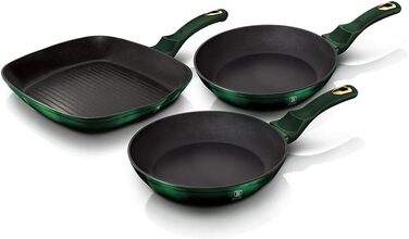 Набір сковорідок Berlinger Haus з 3 предметів, круглі сковороди 20 см / 24 см зі сковородою-гриль 28 см, колекція Emerald, темно-зелений