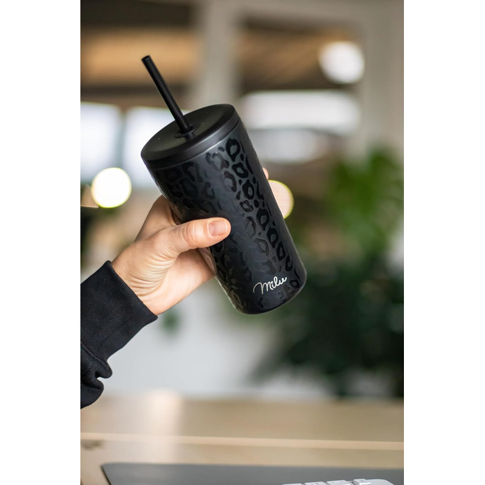 Термокружка Milu 400 мл - не протікає, з нержавіючої сталі, з трубочкою, ізольована, для кави/напоїв, чорна з леопардовим принтом, BPA-free