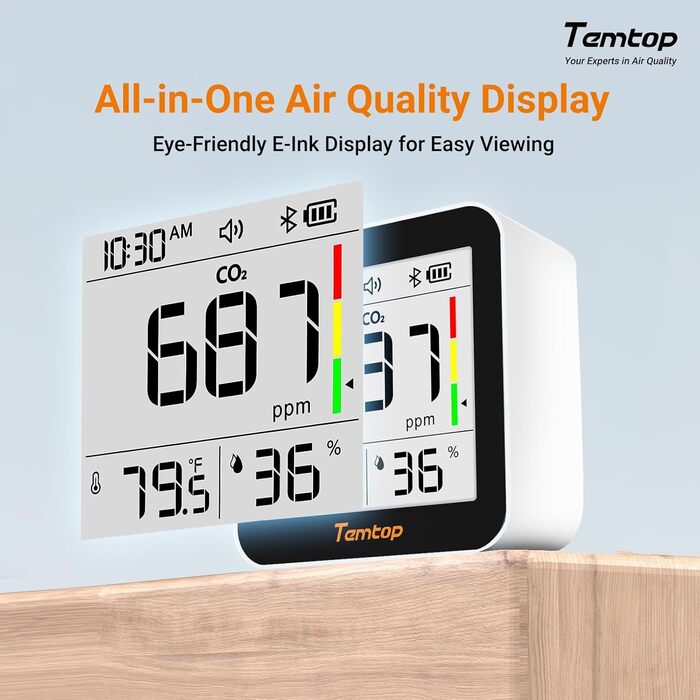 Temtop C10-2ND: Монітор CO2 з Bluetooth, вимірювання температури та вологості, з App, для дому та офісу
