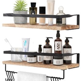 Набір підвісних полиць з дерева Uten (2 шт), рустикальна настінна полиця з тримачем для рушників, світло-коричнева — для ванної, кухні, вітальні та спальні