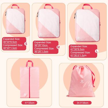 Набір компресійних органайзерів для подорожей AiQInu (5 шт.), ультралегкі сумки для пакування одягу в валізу з мішком для взуття та прання, рожеві