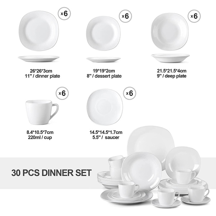 Серія Esmer, 30 шт. Набір порцелянового посуду з опалового скла / комбінованого обслуговування з 6 десертними тарілками, 6 тарілками для супу, 6 обідніми тарілками, 6 кавовими чашками та 6 блюдцями для 6 осіб білого кольору