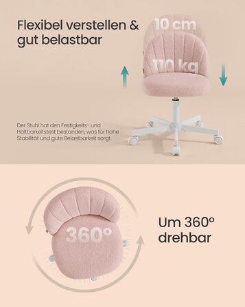 Крісло SONGMICS для дому та офісу, пухнастий стільчик для макіяжу, регульоване по висоті, з м'якою оббивкою, для робочого кабінету, спальні, гардеробної, кремово-білий (пастельно-рожевий)