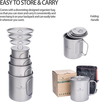 iBasingo Titan Camping Посуд: Чайник, Каструля, Кружка з кришкою та складним ручками (200-750мл) для кемпінгу, трекінгу, пікніка