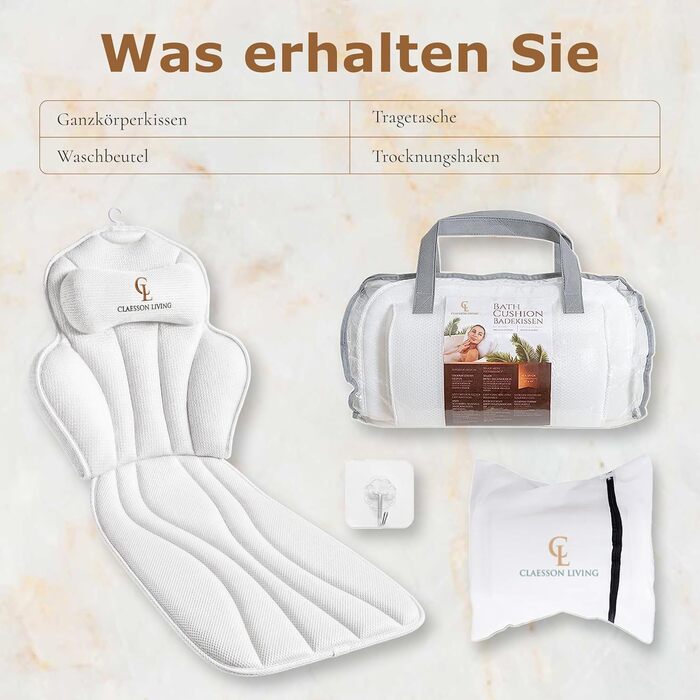 Подушка для ванни повне тіло (152x56 см) з підголівником (11 см) - біла. Підтримка шиї, спини та ніг. З сумкою для прання та подорожей, гачком для сушіння.