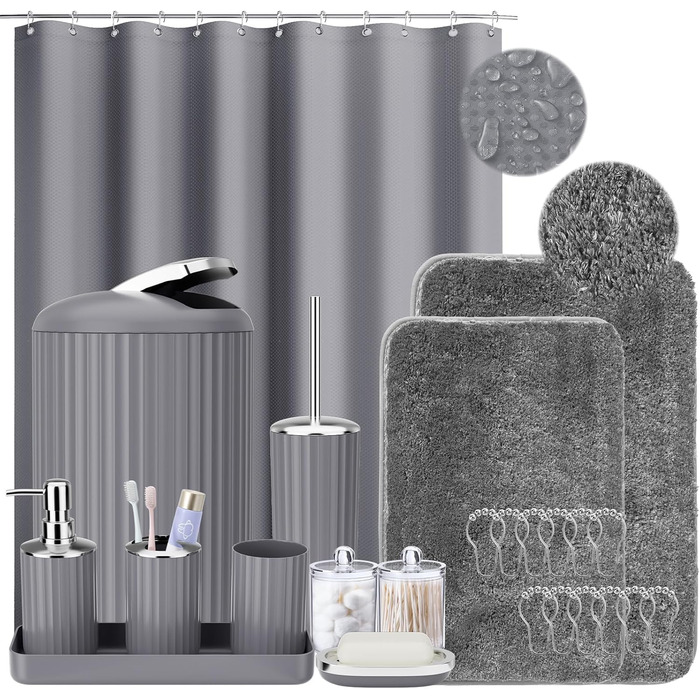 Набір аксесуарів для ванної кімнати 9 шт. Чорний та золотий (Мülleimer, тумбочка, дозатор мила, мильниця, тримач зубної щітки, стакан для щіток, WC-щітка, тримач ватних паличок) + Шторка для душу + Килимок для ванної (Сірий)