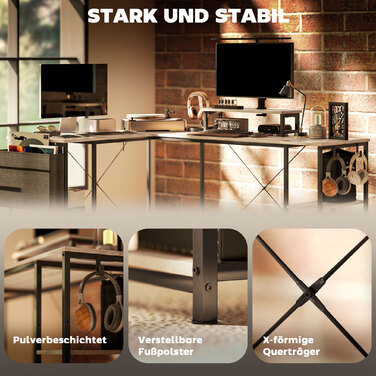 Кутовий письмовий стіл, багатофункціональний офісний стіл з регульованими полицями, кишенею для зберігання та підставкою для монітора, натуральне дерево