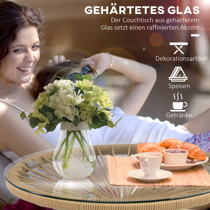 Бохо-стіл для саду, ротанг PE, скло, стійке до погодних умов, 50 см x 50 см x 50 см, бежевий