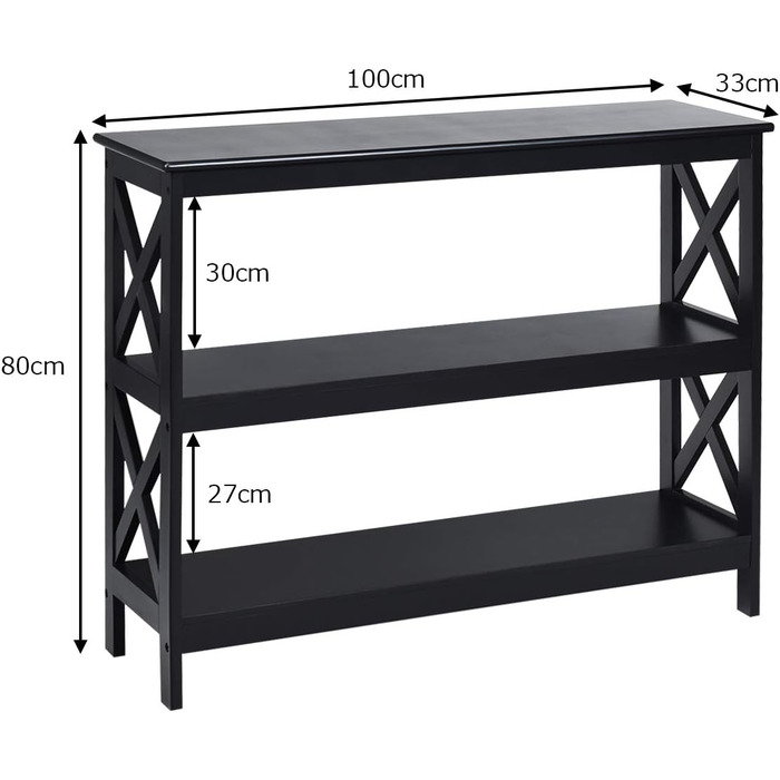 Консольний стіл 3 яруси, вузький вхідний стіл Стіл для передпокою з Х-подібним каркасом, промисловий журнальний столик для вітальні, передпокою та передпокою, 100 x 33 x 80 см (чорний) (чорний)